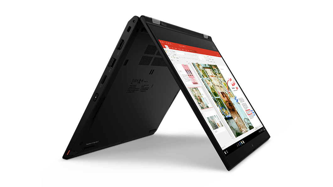 Le ThinkPad L13 Yoga Gen 2 (13'' -AMD) en mode tente, avec un document annoté affiché à l'écran