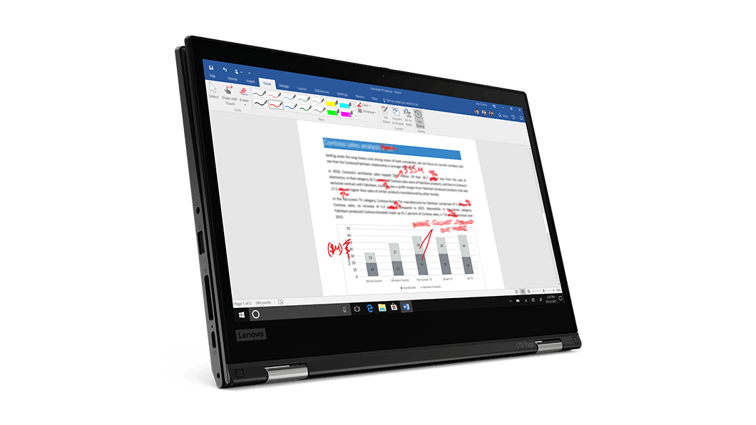 De ThinkPad L13 Yoga Gen 2 (13'' AMD) in tabletstand, met een geannoteerd document op het display