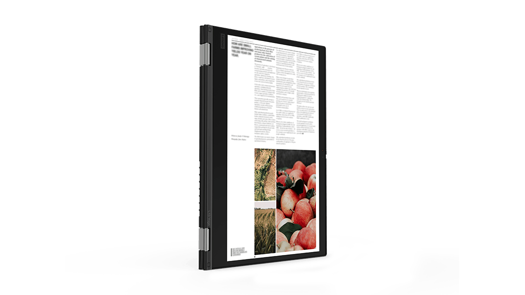 ThinkPad L13 Yoga di seconda generazione (13'' -AMD) in modalità tablet, con una descrizione delle caratteristiche su tre colonne e inclusa una fotografia relativa all'agricoltura sul display