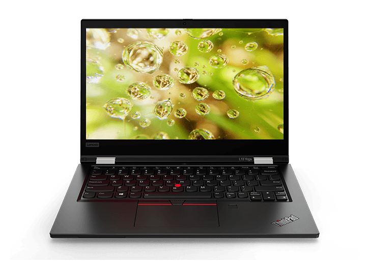 Front view of the ThinkPad L13 Yoga Gen 2 (13" AMD), showing touchpad, keyboard, and display showing bubbles against a blurred green and yellow background