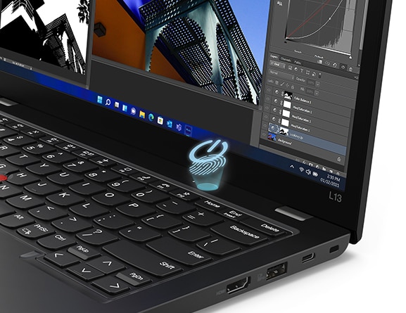 Vista de primer plano del lector de huellas dactilares del portátil ThinkPad L13 Gen 3