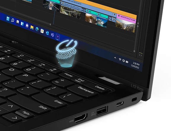 ThinkPad L13 Yoga Gen 3 laptop close up view of keyboard and fingerprint reader