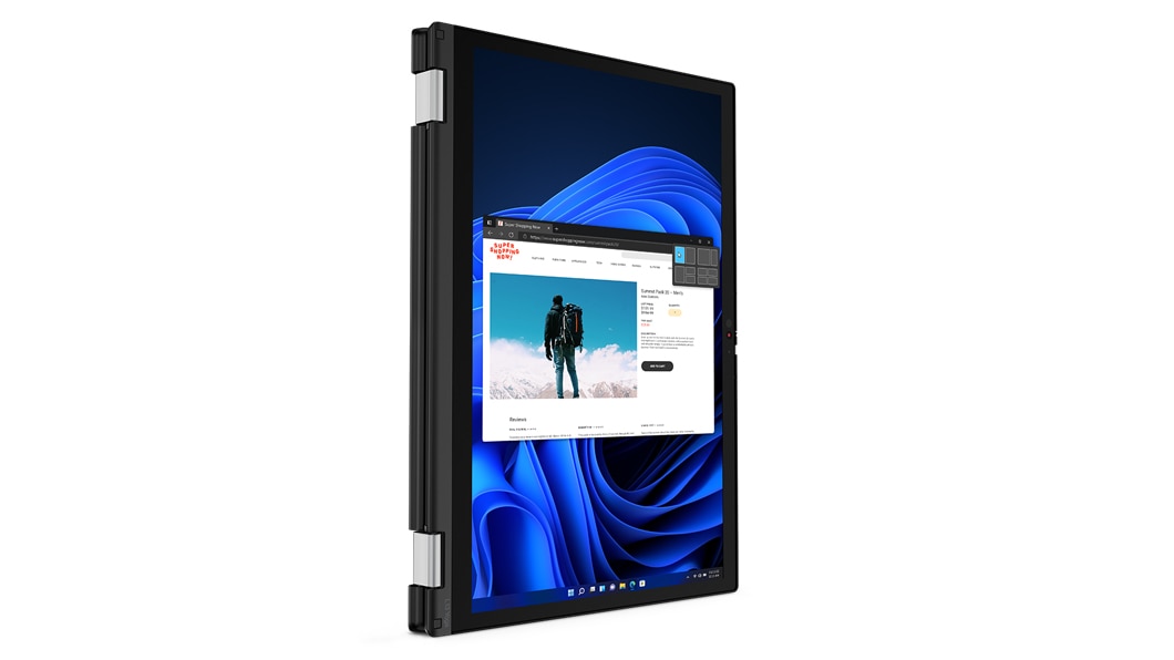 Portátil ThinkPad L13 Yoga de 3.ª generación en modo tablet y en posición vertical, con la pantalla visible