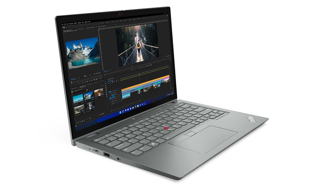 ThinkPad L13 Yoga Gen 3-laptop, aanzicht vanaf rechtsvoor, met scherm en toetsenbord