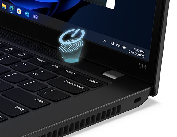 Close-up detail of the power button with integrated fingerprint reader on the Lenovo ThinkPad L14 Gen 3 laptop.