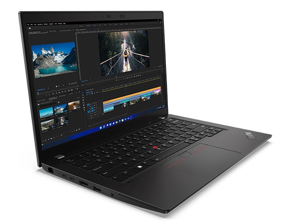 Åpnet Lenovo ThinkPad L14 Gen 3 (14'' AMD) sett fra venstre og med tastatur, skjerm og porter synlig