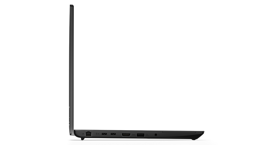 Lenovo ThinkPad L14 Gen 3 (14'' AMD) set fra højre, åbnet 90 grader i en L-form med fokus på kanten af skærm og tastatur