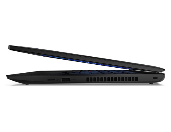 Vista lateral izquierda del Lenovo ThinkPad L15 de 3.ª generación (15'', AMD), abierto ligeramente, se ve el perfil de la cubierta superior y los puertos
