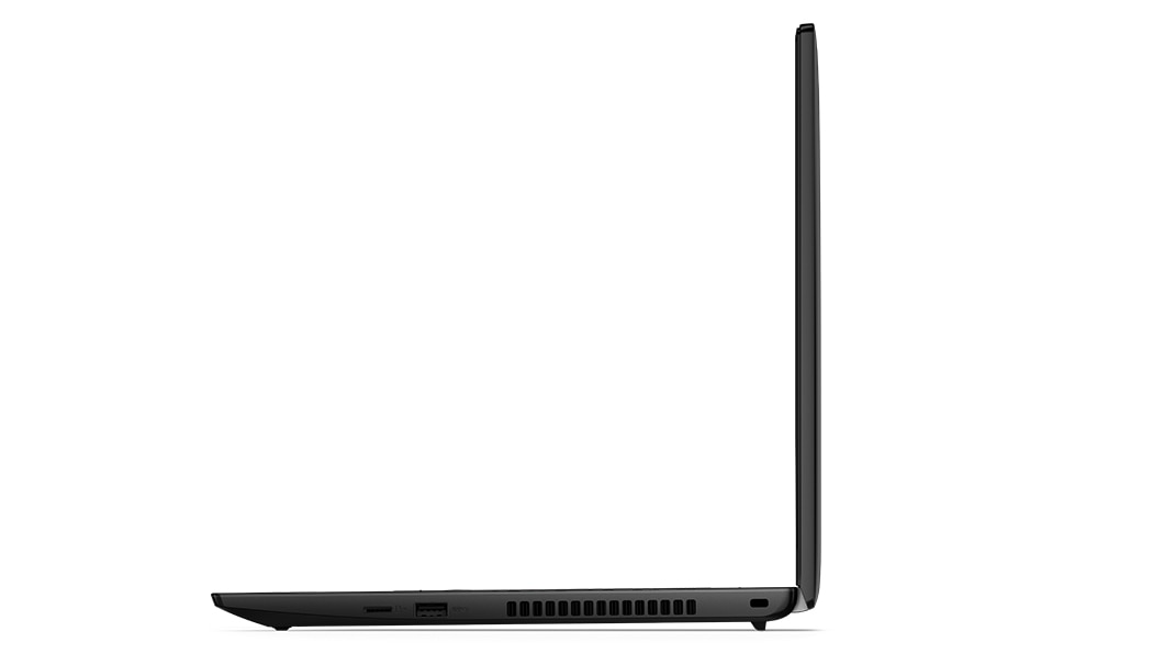 Lenovo ThinkPad L15 Gen 3 (15'', AMD) vasemmalta kuvattuna, 90 astetta käänteisessä L-muodossa avattuna, näytön reuna ja näppäimistö näkyvissä