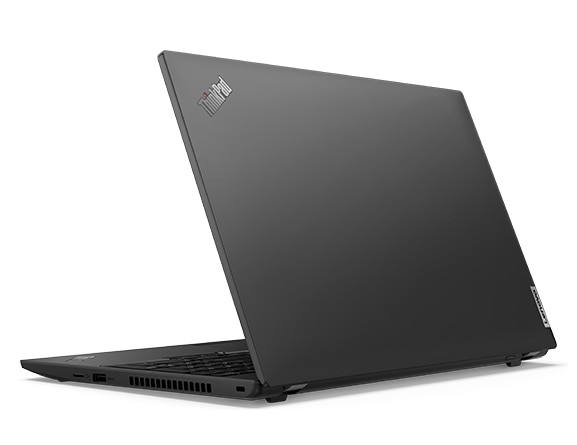 Baksidan av locket på den bärbara datorn Lenovo ThinkPad L15 Gen 3 i färgen Thunder Black.