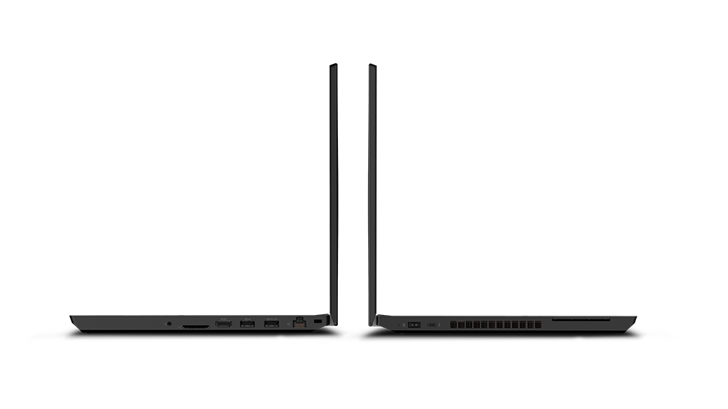 Dos workstation laptop Lenovo ThinkPad P15v 2da Gen (15.6”, Intel) abiertas a 90°, de espaldas entre sí con sus puertos y ranuras