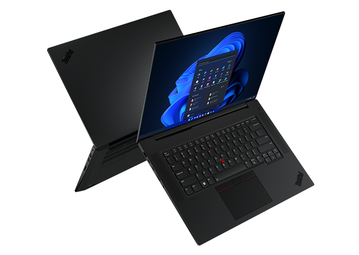 Two back-to-back Lenovo ThinkPad P1 Gen 5 mobile workstations, open 90 degrees and floating.