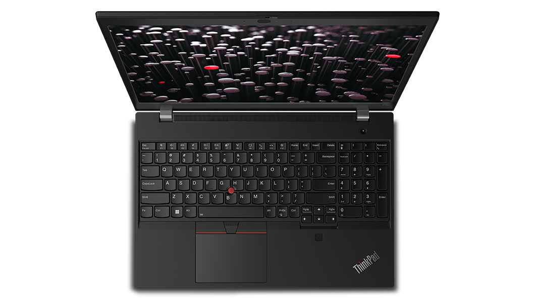 Aerial view of ThinkPad P15v Gen 3 (15″ Intel) mobile workstation, opened 90 degrees, showing keyboard & display 