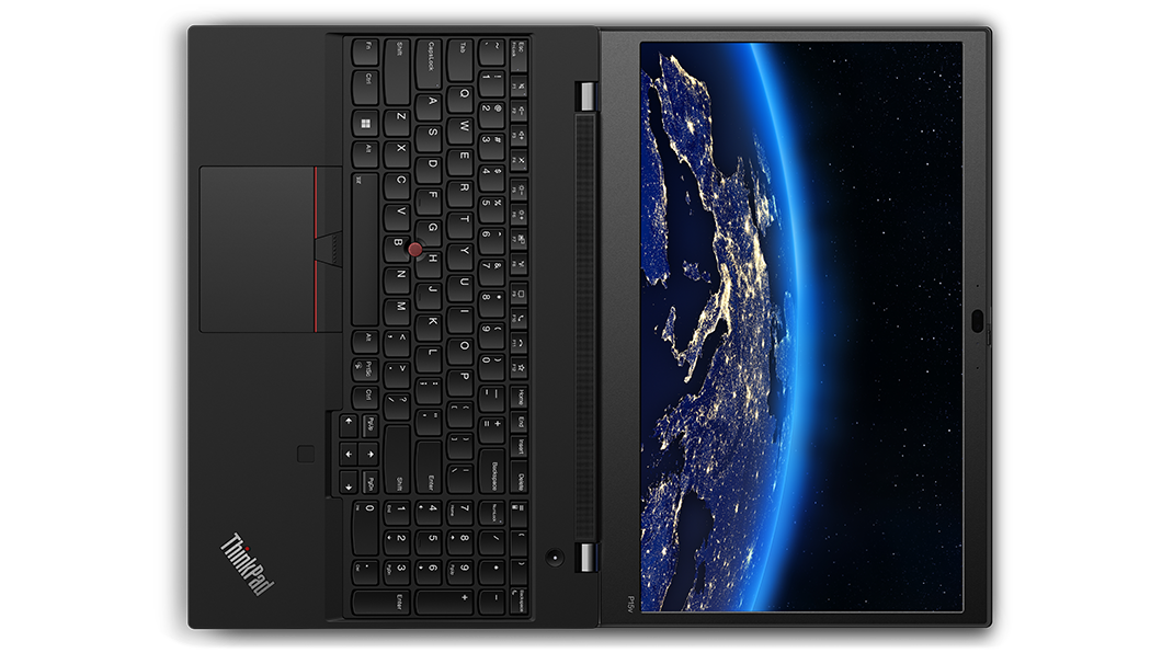 Vista superior de la Lenovo ThinkPad P15v de 3ra Gen (15”, Intel) abierta a 180 grados.