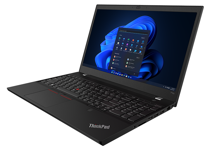 ThinkPad P15v Gen 3 (15″ Intel) mobile workstation at a slight angle, opened 90 degrees, showing keyboard & display with Windows 11