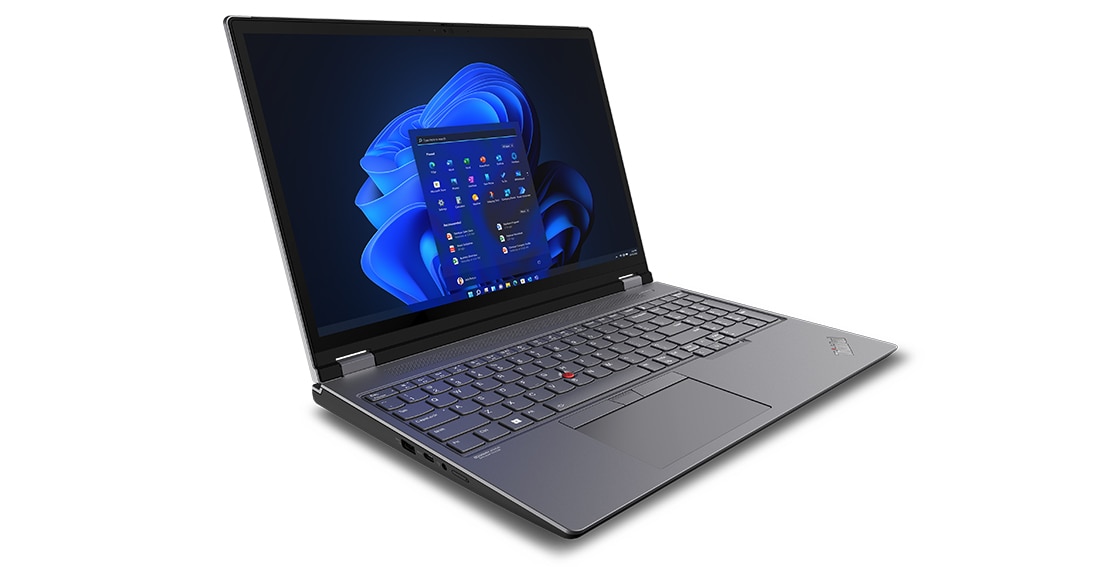 Aerial view of ThinkPad P16s mobile workstations, opened 180-degrees, laid flat, face up, showing display and keyboard