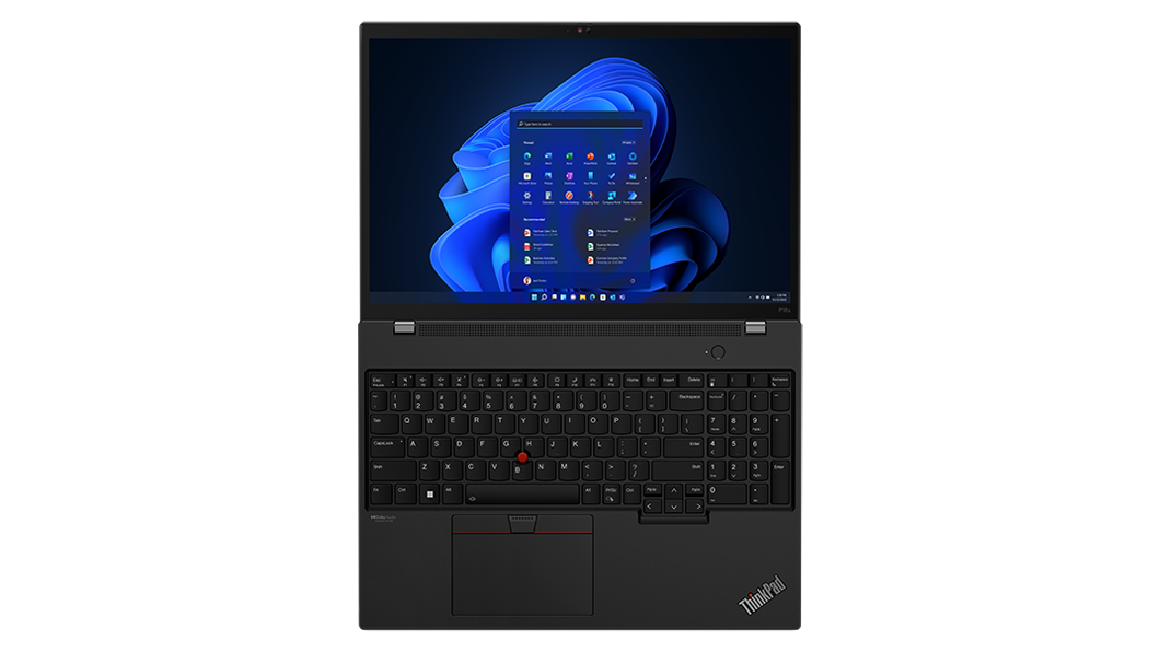 Aerial view of front facing ThinkPad P16s (16'' AMD) mobile workstation, opened 180 degrees, flat, showing keyboard and display with Windows 11