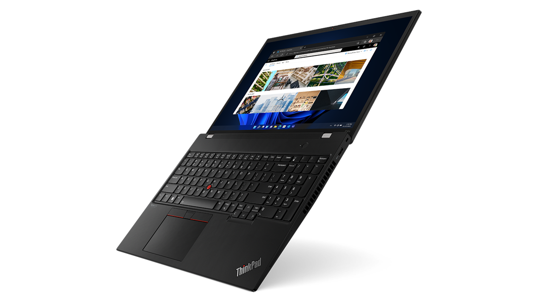 Right side view of ThinkPad P16s (16'' AMD) mobile workstation, angled at 45 degrees, opened flat, showing keyboard and display with Windows 11