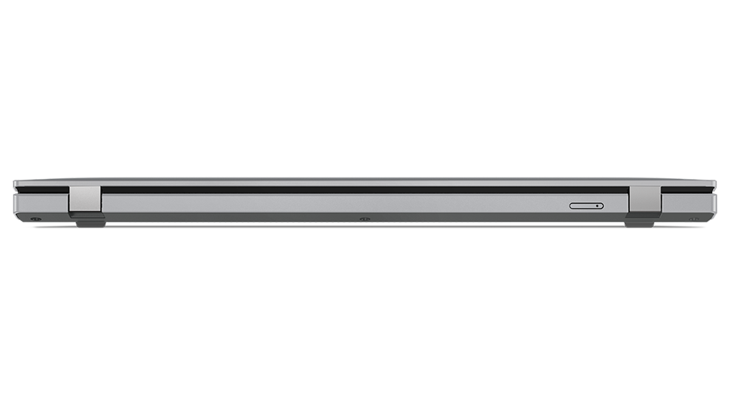 Achteraanzicht van ThinkPad P16s (16'', AMD) mobile workstation, gesloten, met scharnieren en optionele sleuf voor nanosimkaart zichtbaar