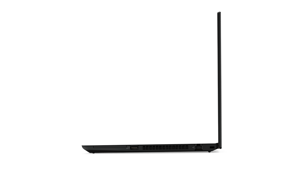 Vue de profil gauche du portable ThinkPad T14 (14″ Intel), ouvert à 90 degrés
