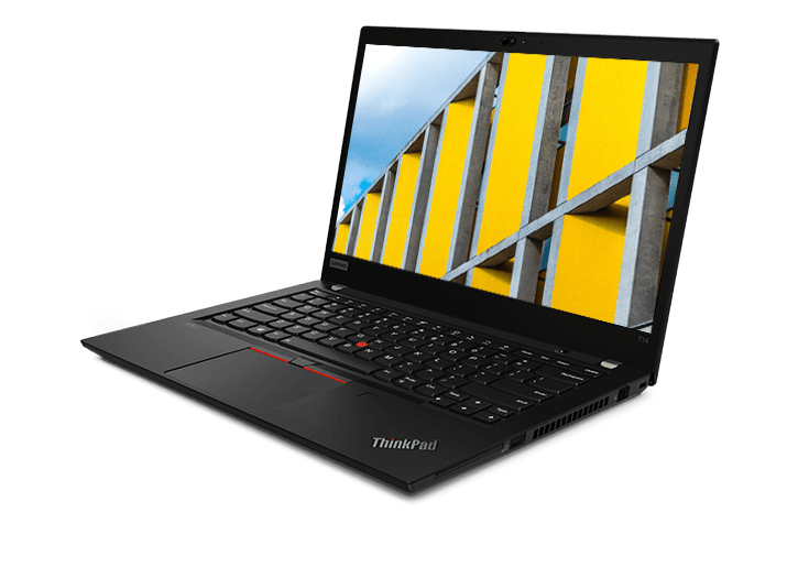 ThinkPad T14 (14″ Intel) Front view at Left angle, screen on with picture of yellow building