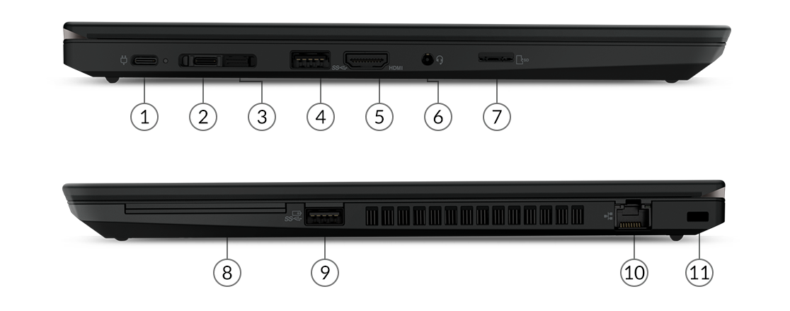 Vista del perfil izquierdo y derecho de la laptop ThinkPad T14 2da Gen Intel con sus puertos y ranuras