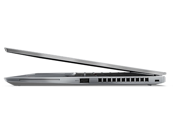Right-side profile of Lenovo ThinkPad T14s Gen 2 laptop open about 10 degrees.