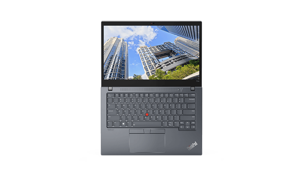 Overhead shot of Lenovo ThinkPad T14s Gen 2 laptop open 180 degrees showing display and keyboard in Storm Grey. 