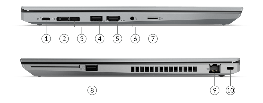 Vista de los puertos y ranuras de la laptop ThinkPad T15 2da Gen (15.6”, Intel) en color gris (storm grey)