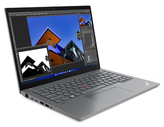Front-facing, left-side view of ThinkPad T14 Gen 3 (14 AMD), opened, showing thin edge of display and keyboard