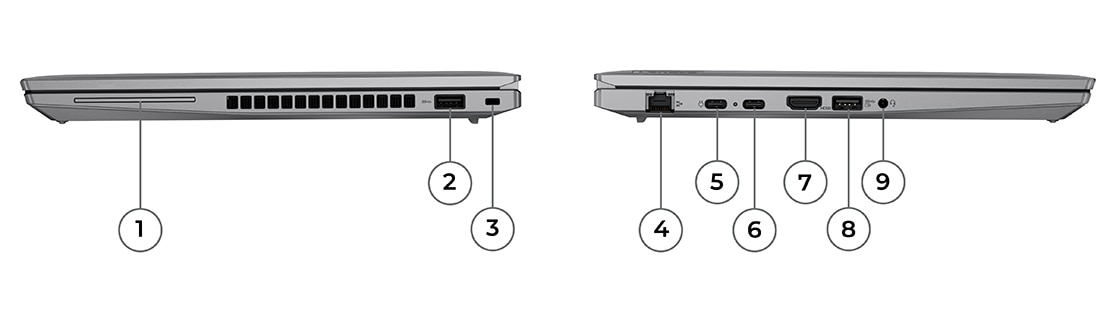 Pogled z leve strani na ThinkPad T14 3. generacije (14-palčni AMD), zaprt, prikazani vhodi/reže; pogled z desne strani na ThinkPad T14 3. generacije (14-palčni AMD), zaprt, prikazani vhodi/reže