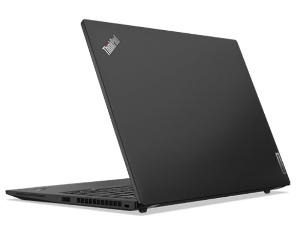 Left-side, rear-facing view of ThinkPad T14s (14” AMD), slightly opened, showing side of top cover and part of keyboard
