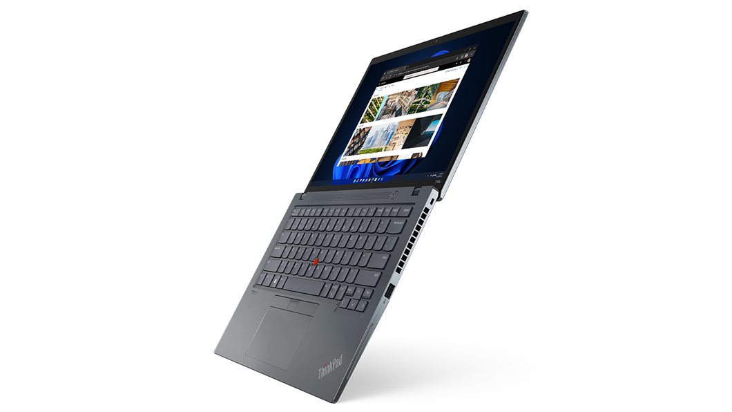 Left-side view of ThinkPad T14s (14” AMD), opened 180 degrees, vertically, from left to right, showing keyboard and display