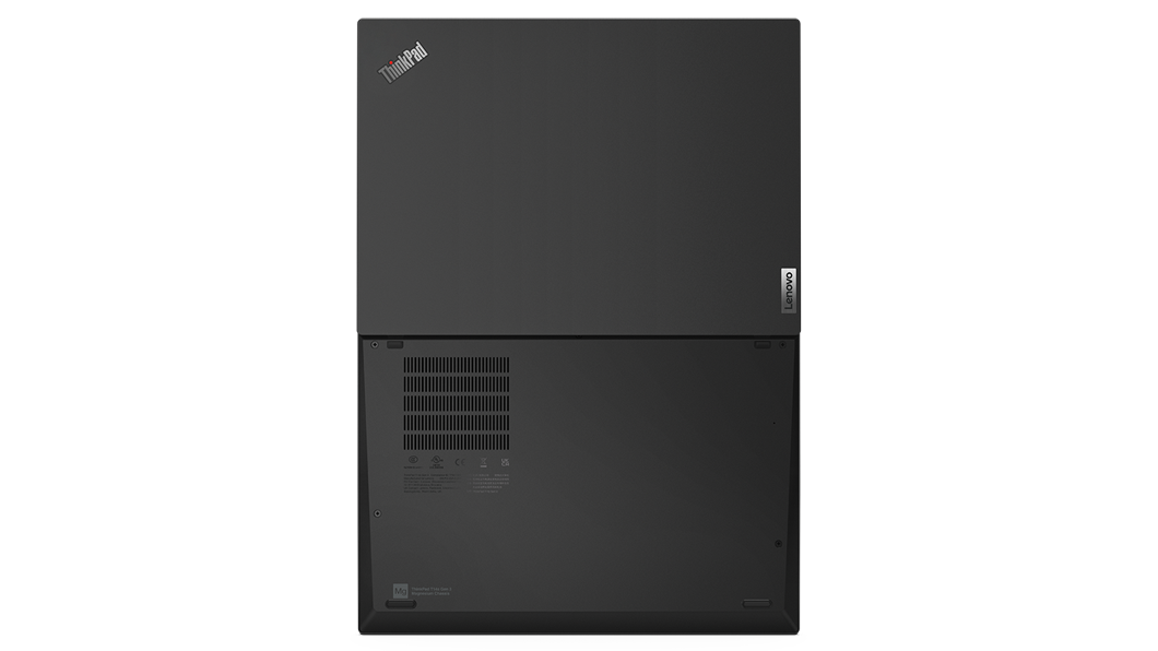 Rear-facing view from above of ThinkPad T14s (14” AMD), opened flat 180 degrees, showing front and rear covers