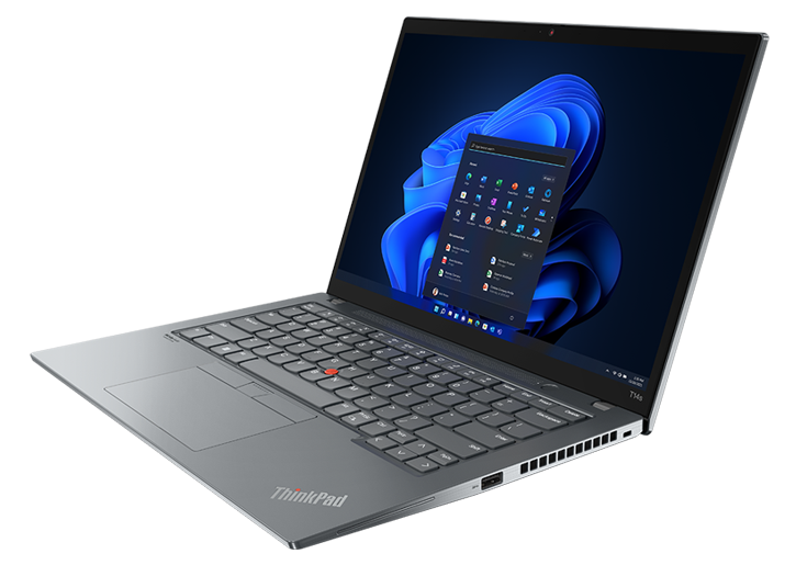 Left-side, front facing view  of ThinkPad T14s (14” AMD), opened, showing 14” display,  keyboard, and ports