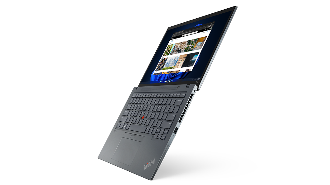 Vista lateral derecha del ThinkPad T14s de 3.ª generación (14'' Intel), abierto 180 grados, sostenido verticalmente en ángulo