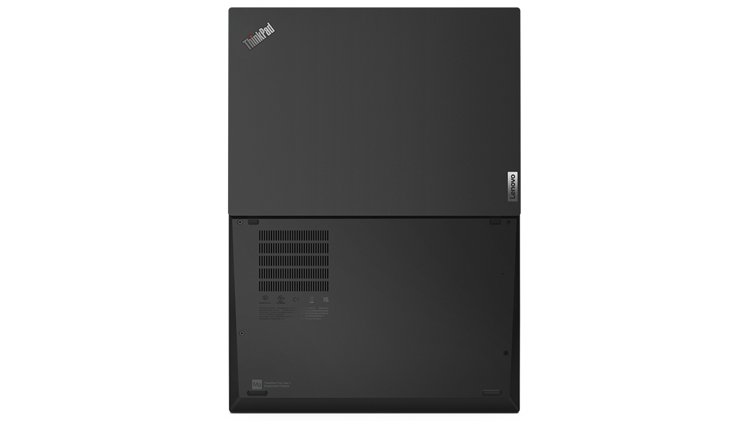 Aerial view of ThinkPad T14s Gen 3 (14” Intel), opened and laid flat, showing front and rear covers
