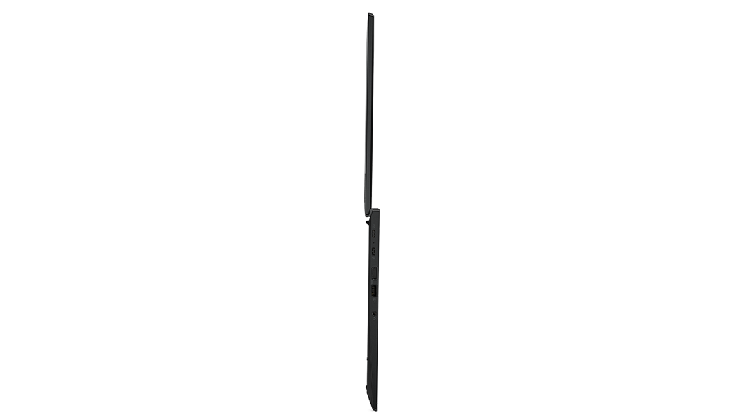 Side view of ThinkPad T14s Gen 3 (14” Intel), opened 180 degrees, showing thin edge of display and keyboard