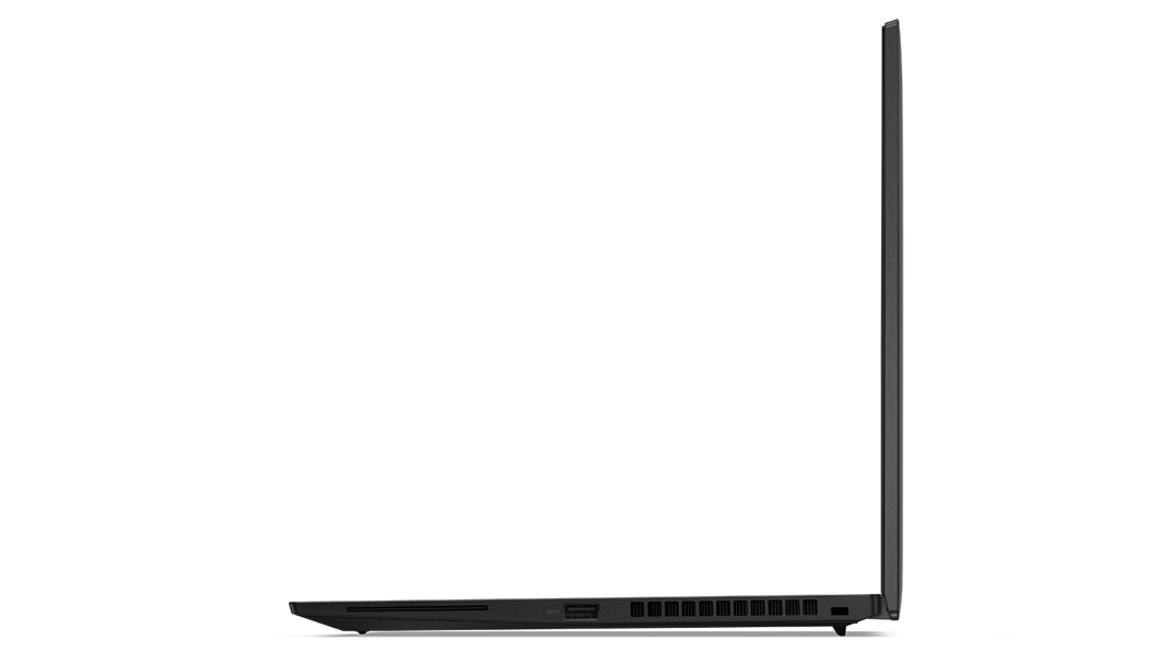 Perfil del lateral derecho del ThinkPad T14s de 3.ª generación (14'' Intel), abierto 90 grados, mostrando el borde fino de la pantalla y del teclado