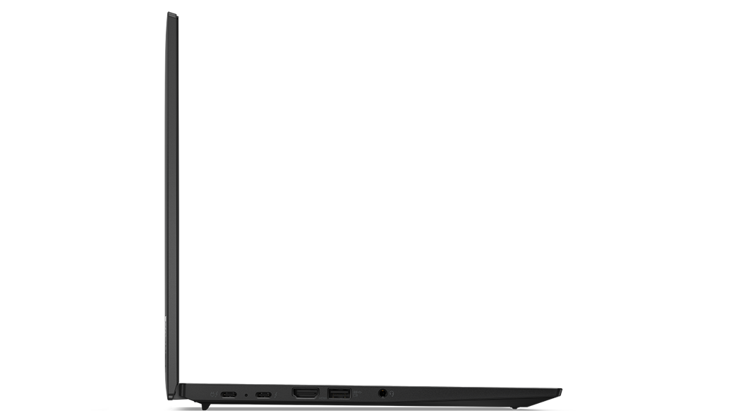 Vue du profil gauche du ThinkPad T14s Gen 3 (14'' Intel) ouvert à 90 degrés, montrant la finesse des bords de l’écran et du clavier