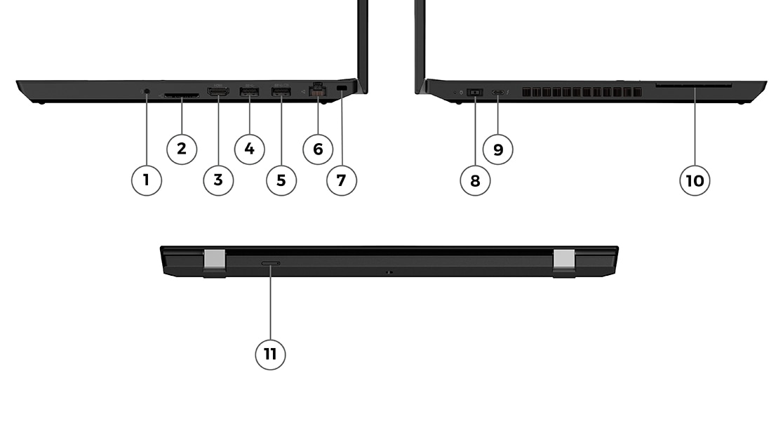 Vistas laterales de los perfiles de un dispositivo ThinkPad T15p de 3.ª generación (15