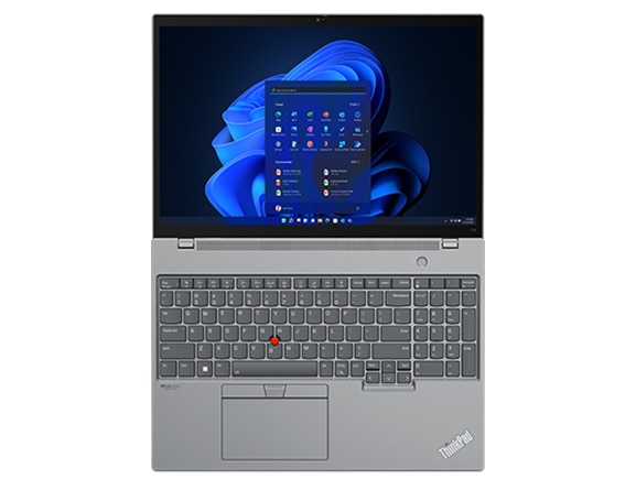 Aerial view of ThinkPad T16 Gen 1 (16” AMD) laptop, opened 180 degrees, showing display and keyboard