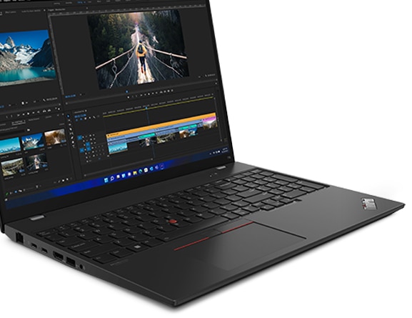 Left-side view of ThinkPad T16 Gen 1 (16” AMD) laptop, opened 90 degrees, showing display and keyboard