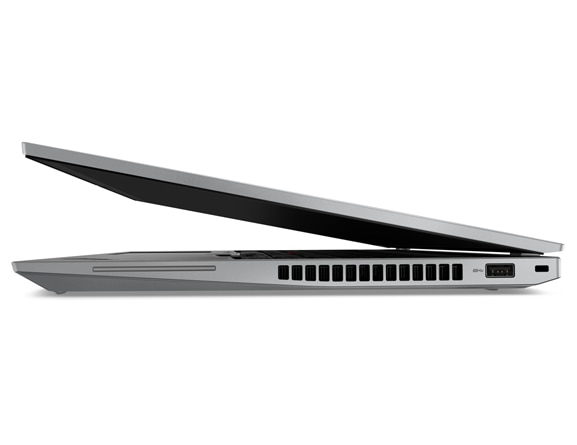 Right-side view of ThinkPad T16 Gen 1 (16” AMD) laptop, opened slightly, showing ports