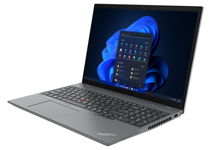Right-side view of ThinkPad T16 Gen 1 (16” AMD) laptop, showing display, keyboard, and trackpad