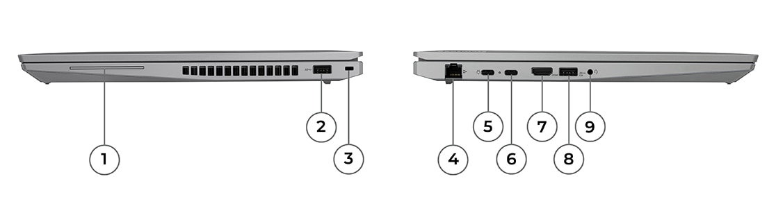 Left-side view of ThinkPad T16 Gen 1 (16” AMD) laptop, closed, showing ports, Right-side view of ThinkPad T16 Gen 1 (16” AMD) laptop, closed, showing ports