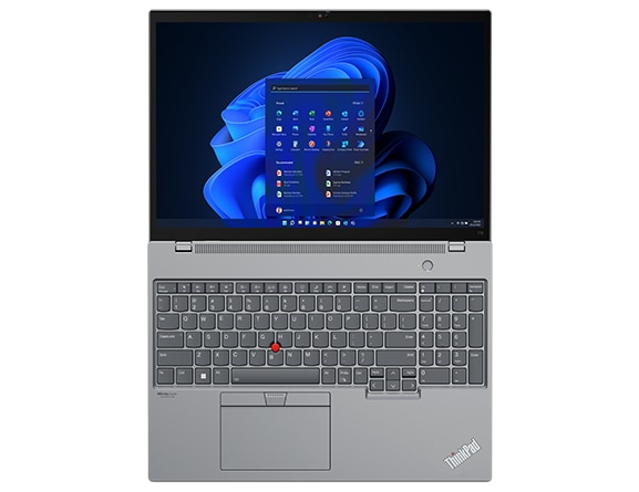 Aerial view of ThinkPad T16 Gen 1 (16” Intel) laptop, opened 180 degrees, showing display and keyboard