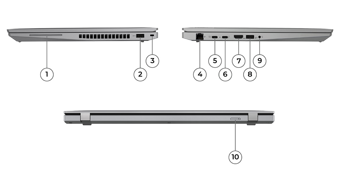 A ThinkPad T16 Gen 1 (16” Intel) laptop jobb oldali oldalnézete, lezárva, aljzatokat mutató kép, A ThinkPad T16 Gen 1 (16” Intel) laptop hátulnézete, lezárva, aljzatot mutató kép