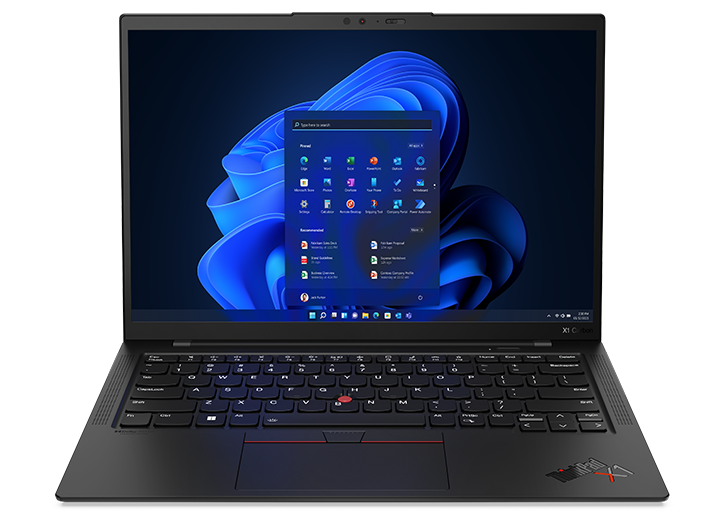 Front-facing Lenovo ThinkPad X1 Carbon Gen 10 laptop with Windows 11 Pro on the display.
