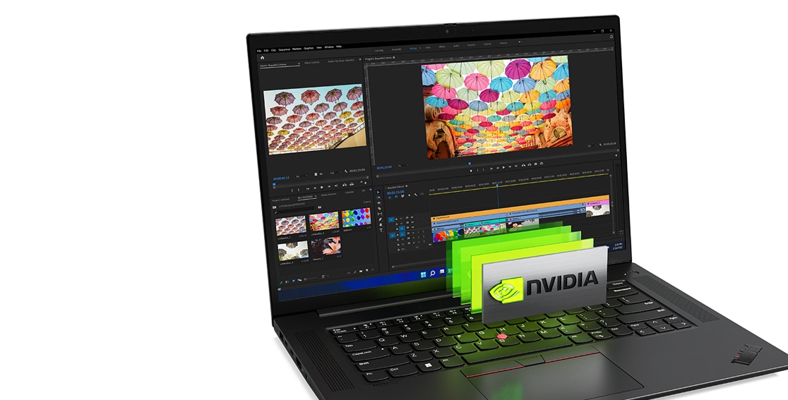 Vista laterale sinistra del notebook X1 Extreme di quinta generazione (16'' Intel) aperto a 90°, con schermo, tastiera e logo NVIDIA